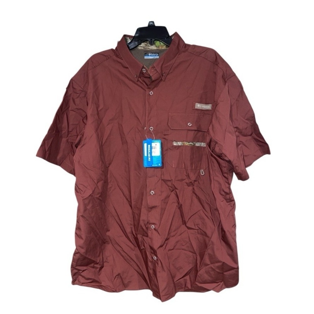 Columbia PFG Men's Short Sleeve Maroon Reg Fit Vented Button Down Shirt